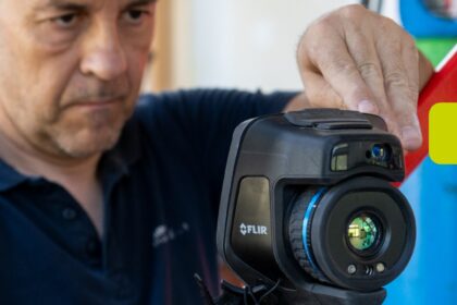 Tècnic utilitzant una càmera termogràfica per analitzar l’eficiència energètica i detectar possibles pèrdues tèrmiques a l’habitatge.